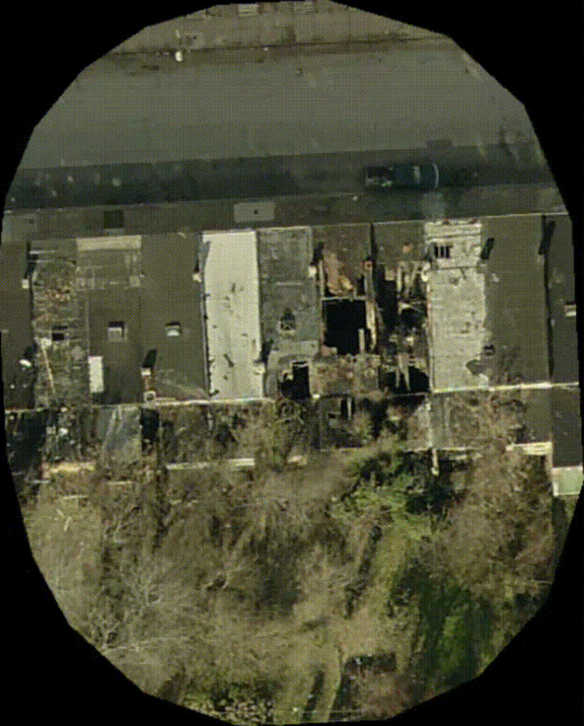 Aerial photo of crumbling row houses